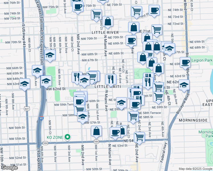 map of restaurants, bars, coffee shops, grocery stores, and more near in Miami