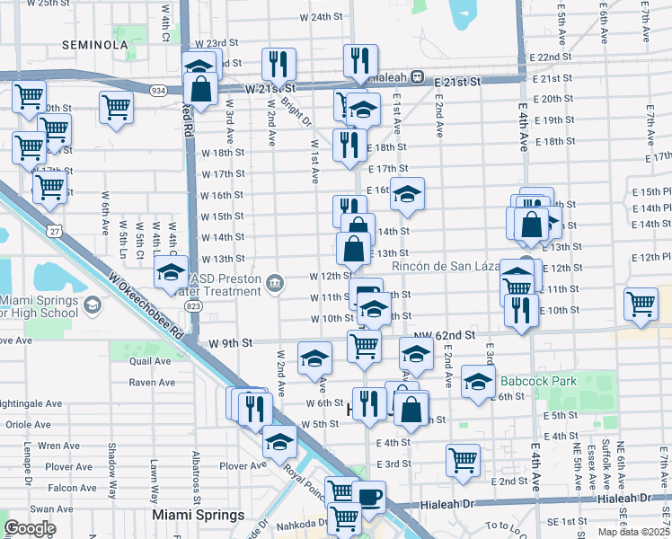 map of restaurants, bars, coffee shops, grocery stores, and more near 55 West 12th Street in Hialeah