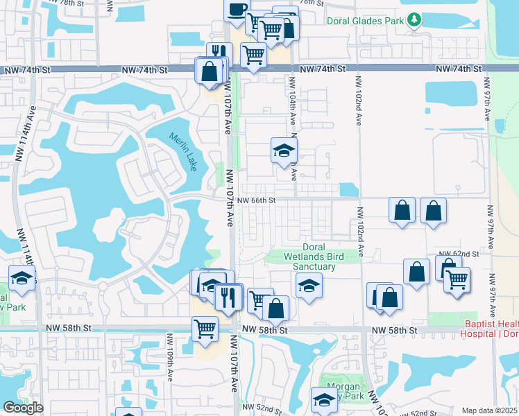 map of restaurants, bars, coffee shops, grocery stores, and more near 10526 Northwest 66th Street in Doral