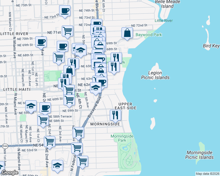 map of restaurants, bars, coffee shops, grocery stores, and more near 661 Northeast 61st Street in Miami