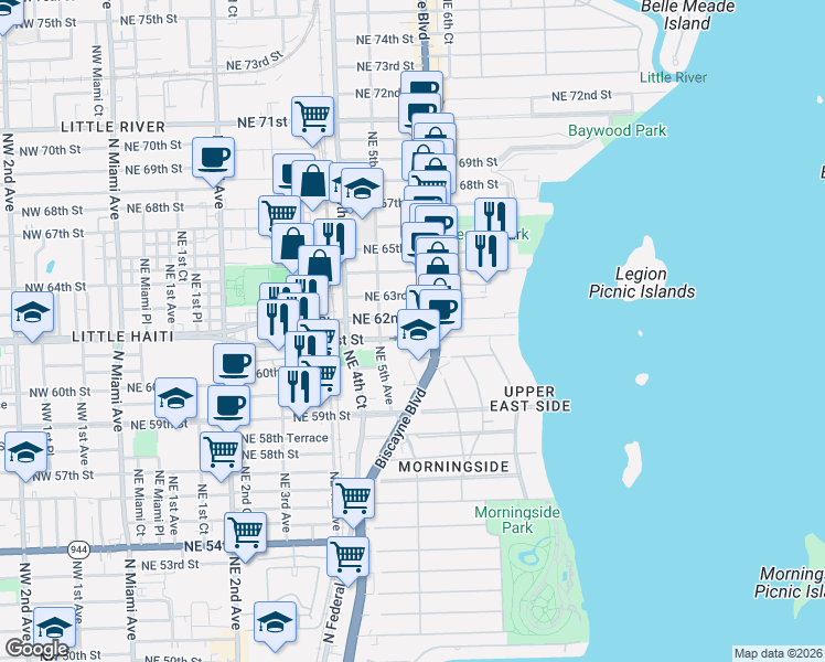 map of restaurants, bars, coffee shops, grocery stores, and more near 536 Northeast 62nd Street in Miami