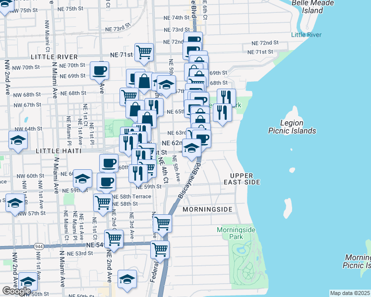 map of restaurants, bars, coffee shops, grocery stores, and more near 536 Northeast 62nd Street in Miami