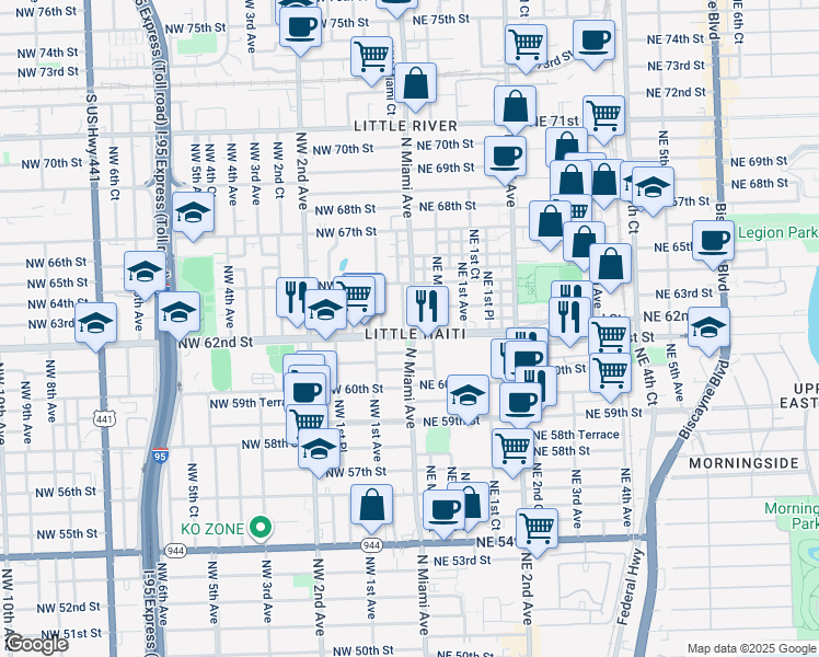 map of restaurants, bars, coffee shops, grocery stores, and more near in Miami