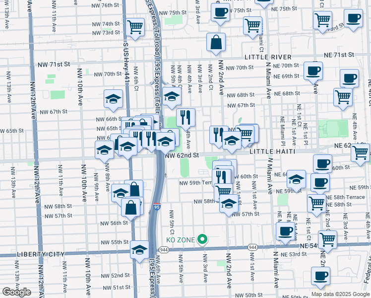 map of restaurants, bars, coffee shops, grocery stores, and more near 6217 Northwest 4th Avenue in Miami