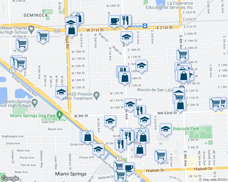map of restaurants, bars, coffee shops, grocery stores, and more near 55 West 12th Street in Hialeah