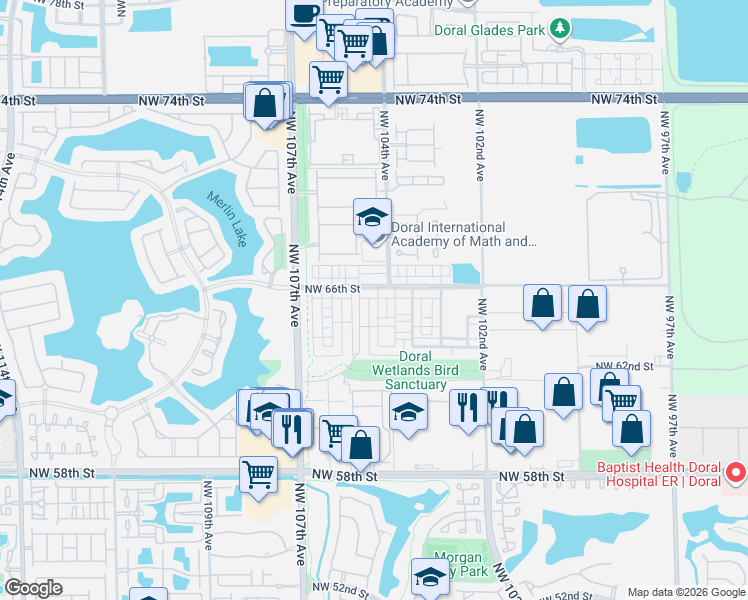 map of restaurants, bars, coffee shops, grocery stores, and more near 10444 Northwest 66th Street in Doral