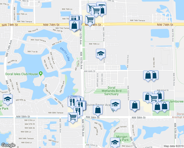 map of restaurants, bars, coffee shops, grocery stores, and more near 10526 Northwest 66th Street in Doral