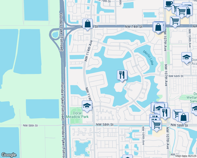 map of restaurants, bars, coffee shops, grocery stores, and more near 11283 Northwest 65th Street in Doral
