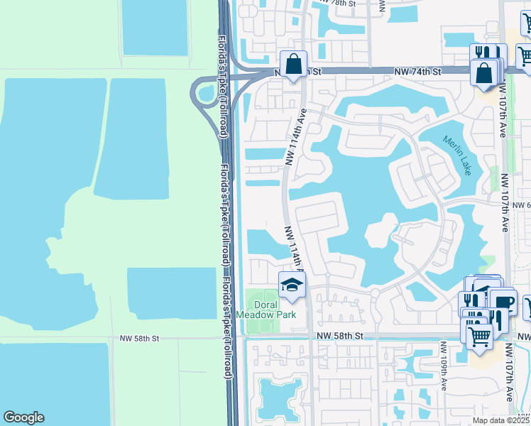 map of restaurants, bars, coffee shops, grocery stores, and more near 6540 Northwest 114th Avenue in Doral