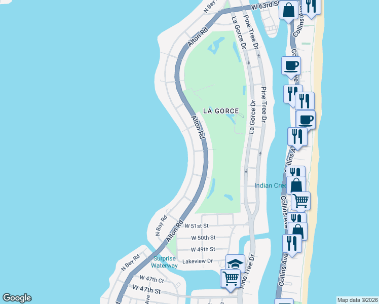 map of restaurants, bars, coffee shops, grocery stores, and more near 5396 North Bay Road in Miami Beach