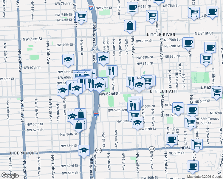 map of restaurants, bars, coffee shops, grocery stores, and more near 6217 Northwest 4th Avenue in Miami