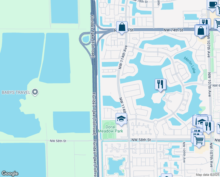 map of restaurants, bars, coffee shops, grocery stores, and more near 6420 Northwest 114th Avenue in Doral