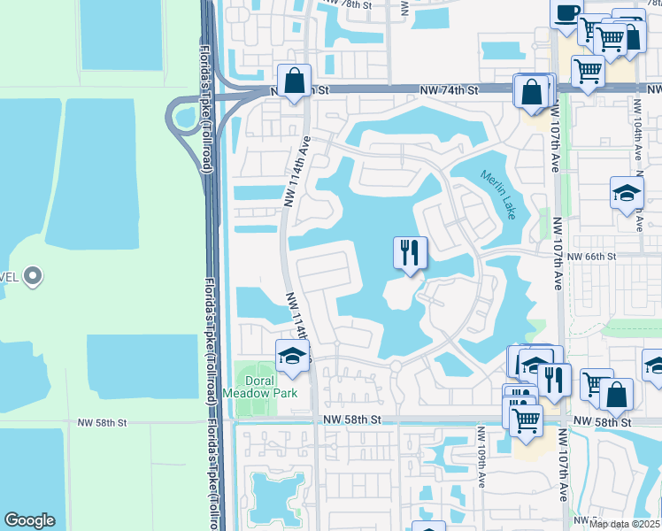 map of restaurants, bars, coffee shops, grocery stores, and more near 11283 Northwest 65th Street in Doral