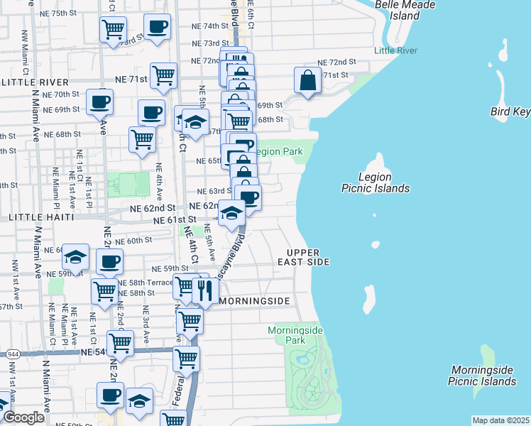 map of restaurants, bars, coffee shops, grocery stores, and more near 661 Northeast 61st Street in Miami
