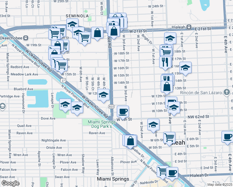 map of restaurants, bars, coffee shops, grocery stores, and more near 366 West 13th Street in Hialeah