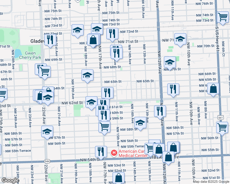 map of restaurants, bars, coffee shops, grocery stores, and more near 6290 Northwest 15th Avenue in Miami