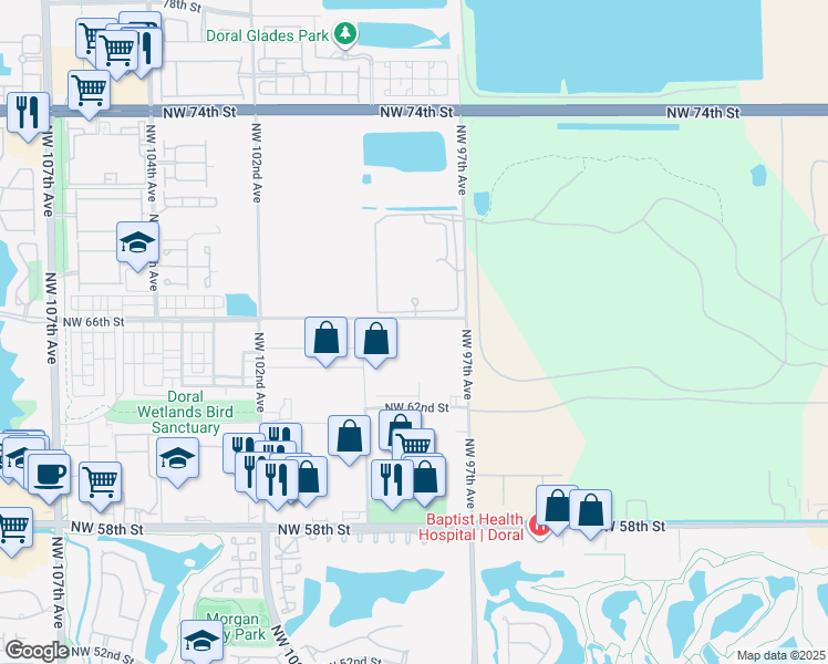 map of restaurants, bars, coffee shops, grocery stores, and more near 6550 Northwest 97th Avenue in Doral