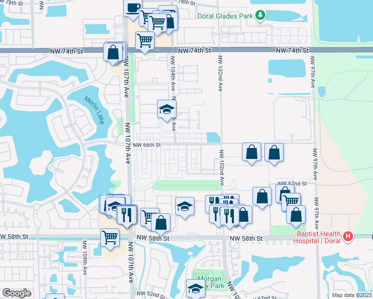 map of restaurants, bars, coffee shops, grocery stores, and more near 10342 Northwest 66th Street in Doral