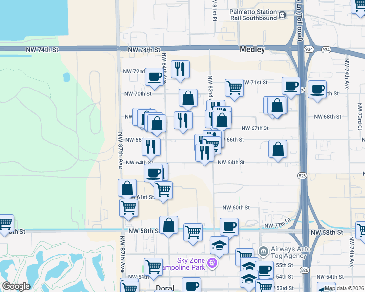 map of restaurants, bars, coffee shops, grocery stores, and more near 8338 Northwest 66th Street in Miami