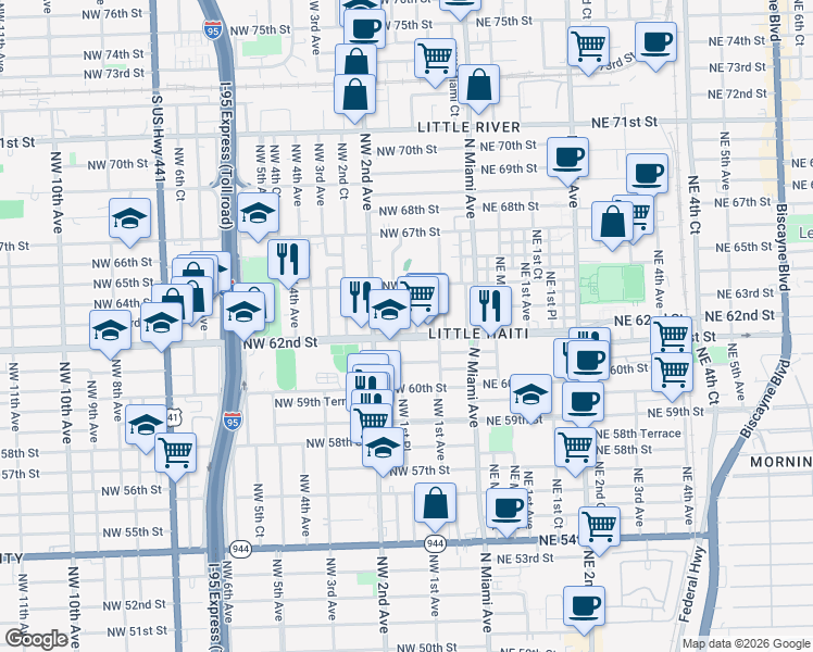 map of restaurants, bars, coffee shops, grocery stores, and more near 6218 Northwest 1st Court in Miami