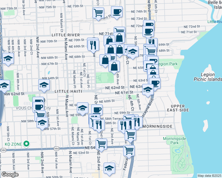 map of restaurants, bars, coffee shops, grocery stores, and more near 300 Northeast 62nd Street in Miami