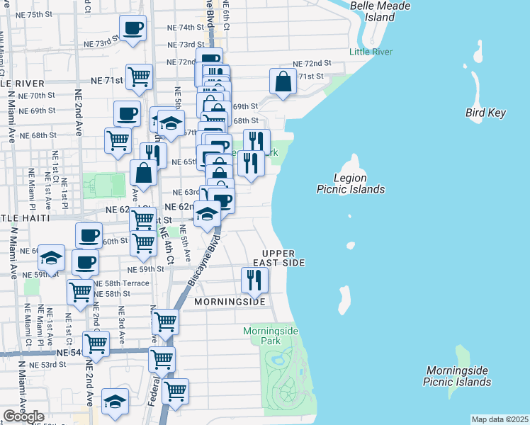 map of restaurants, bars, coffee shops, grocery stores, and more near 720 Northeast 62nd Street in Miami
