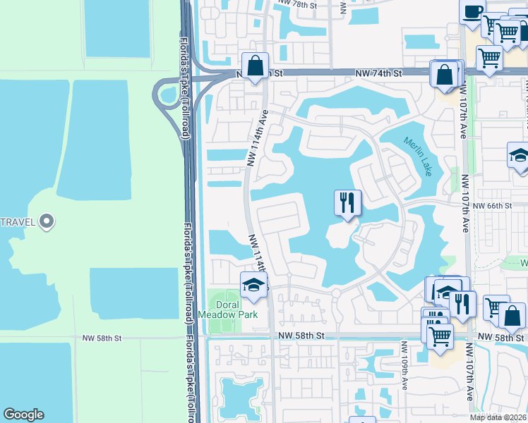 map of restaurants, bars, coffee shops, grocery stores, and more near 11354 Northwest 66th Street in Doral