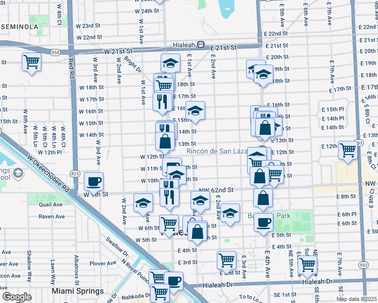 map of restaurants, bars, coffee shops, grocery stores, and more near 89 West 12th Street in Hialeah