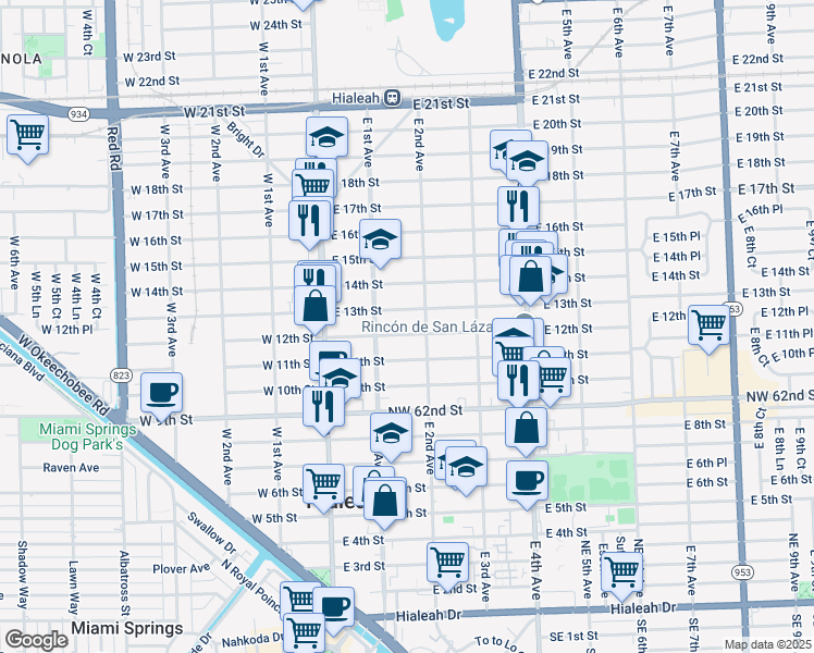 map of restaurants, bars, coffee shops, grocery stores, and more near 159 East 12th Street in Hialeah
