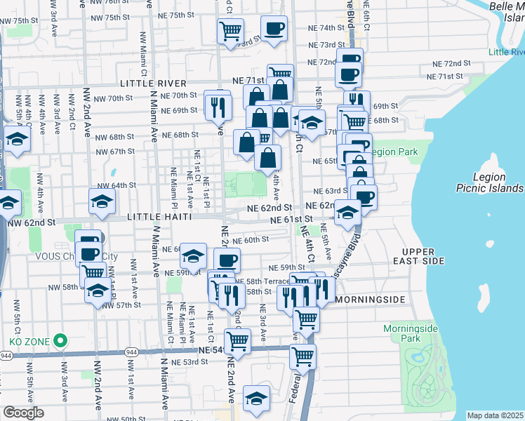 map of restaurants, bars, coffee shops, grocery stores, and more near 300 Northeast 62nd Street in Miami