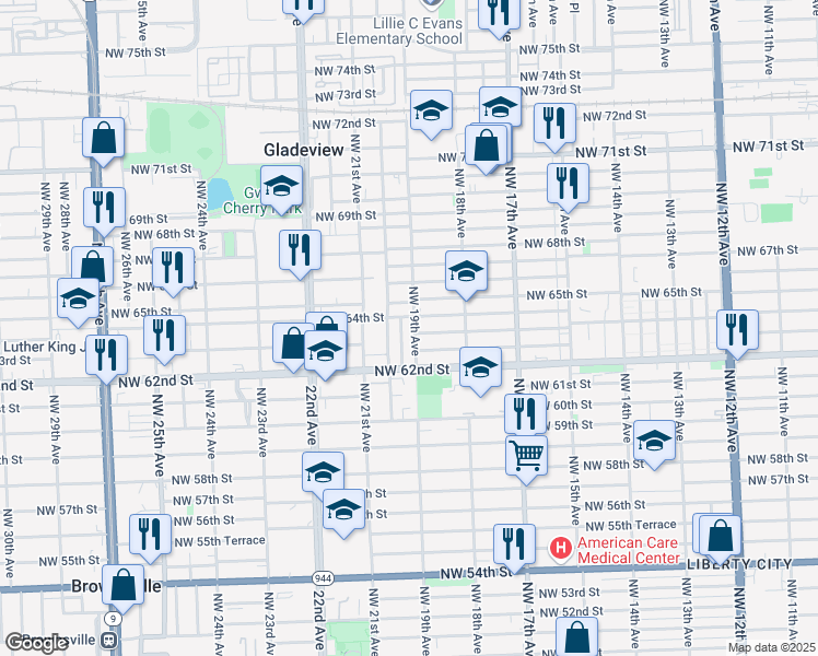 map of restaurants, bars, coffee shops, grocery stores, and more near 6318 Northwest 19th Avenue in Miami