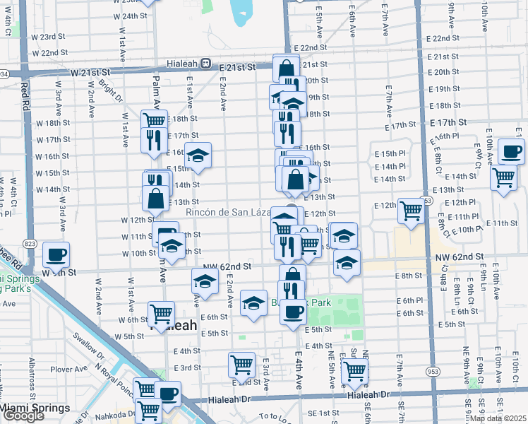 map of restaurants, bars, coffee shops, grocery stores, and more near 301 East 12th Street in Hialeah