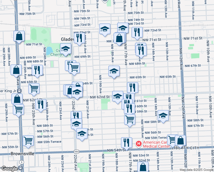 map of restaurants, bars, coffee shops, grocery stores, and more near 1825 Northwest 63rd Street in Miami