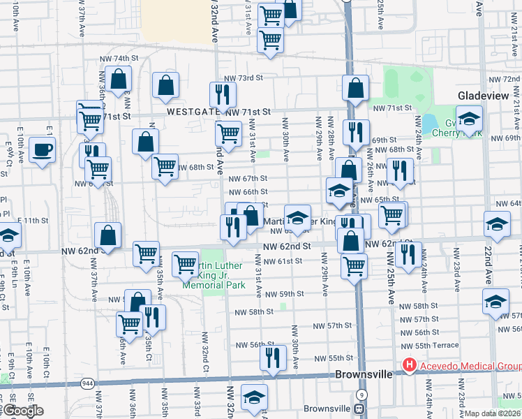 map of restaurants, bars, coffee shops, grocery stores, and more near 3082 Northwest 65th Street in Miami