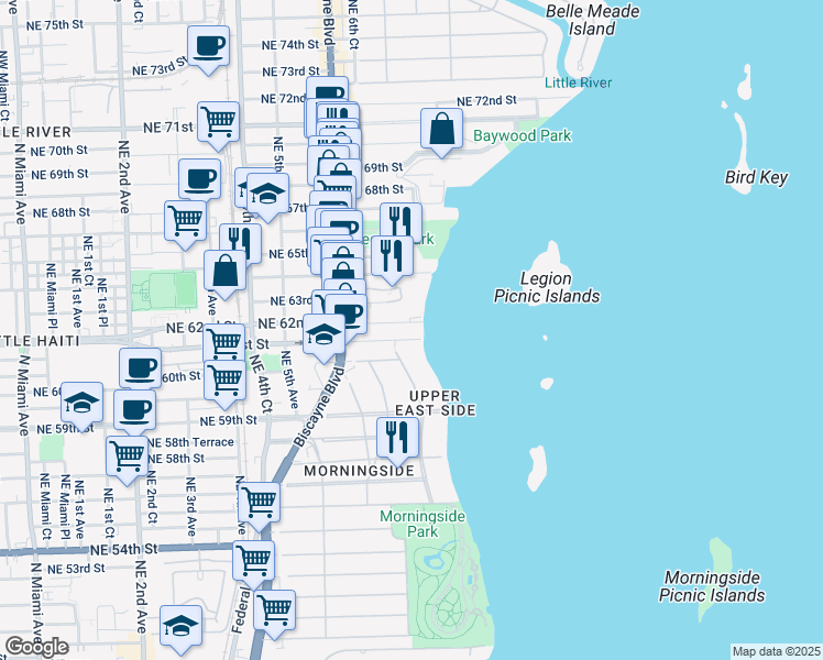 map of restaurants, bars, coffee shops, grocery stores, and more near 720 Northeast 62nd Street in Miami