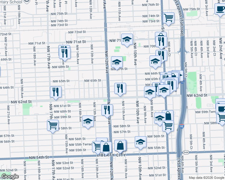 map of restaurants, bars, coffee shops, grocery stores, and more near 1137 Northwest 63rd Street in Miami