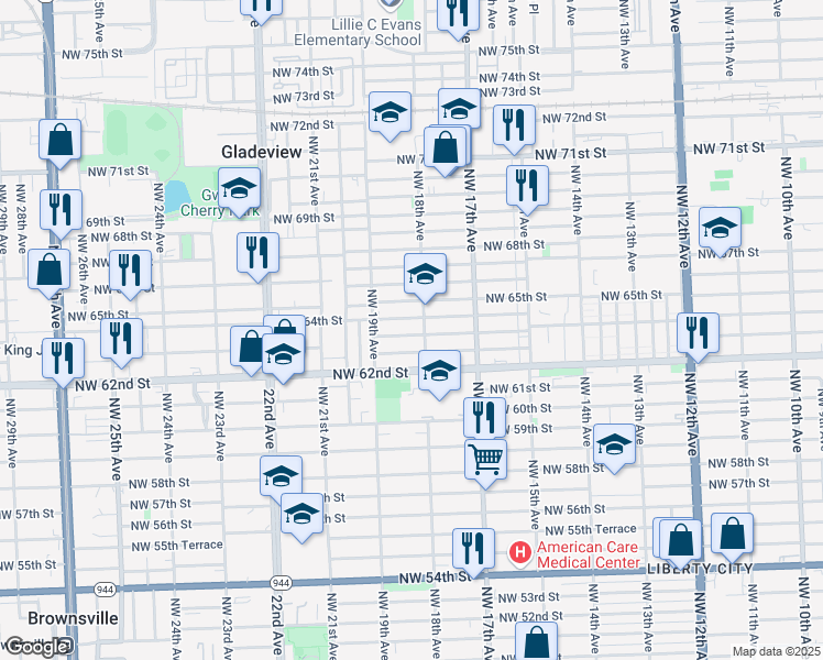 map of restaurants, bars, coffee shops, grocery stores, and more near 1825 Northwest 63rd Street in Miami