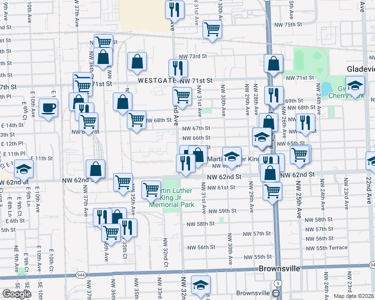 map of restaurants, bars, coffee shops, grocery stores, and more near 3170 Northwest 65th Street in Miami