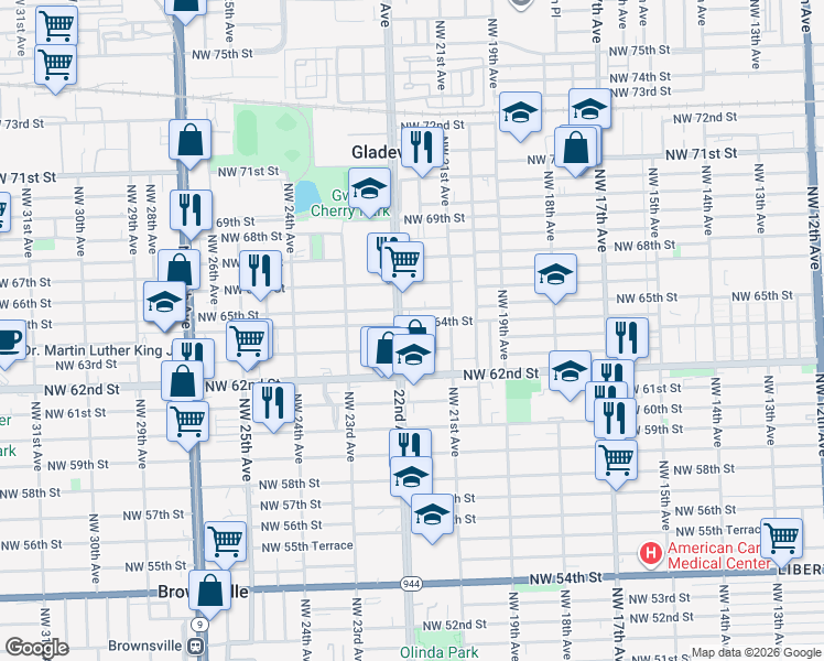 map of restaurants, bars, coffee shops, grocery stores, and more near 2152 Northwest 64th Street in Miami