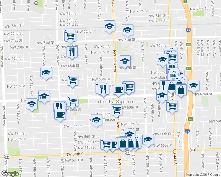 map of restaurants, bars, coffee shops, grocery stores, and more near 1 Northwest 12th Court in Miami