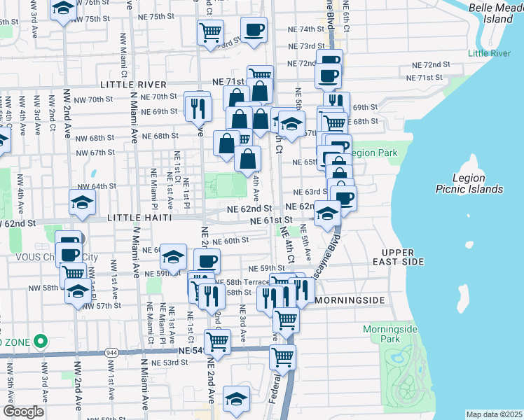 map of restaurants, bars, coffee shops, grocery stores, and more near 370 Northeast 62nd Street in Miami