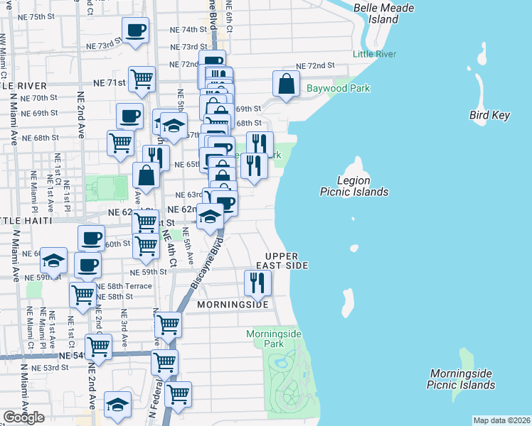 map of restaurants, bars, coffee shops, grocery stores, and more near 720 Northeast 62nd Street in Miami
