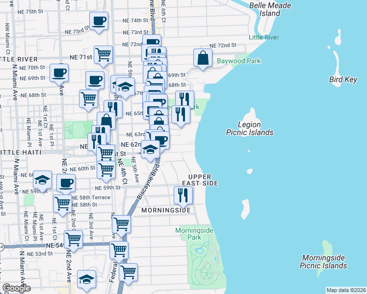 map of restaurants, bars, coffee shops, grocery stores, and more near 661 Northeast 61st Street in Miami