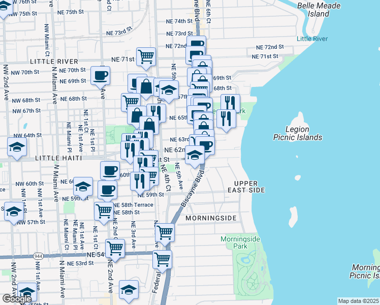 map of restaurants, bars, coffee shops, grocery stores, and more near 536 Northeast 62nd Street in Miami