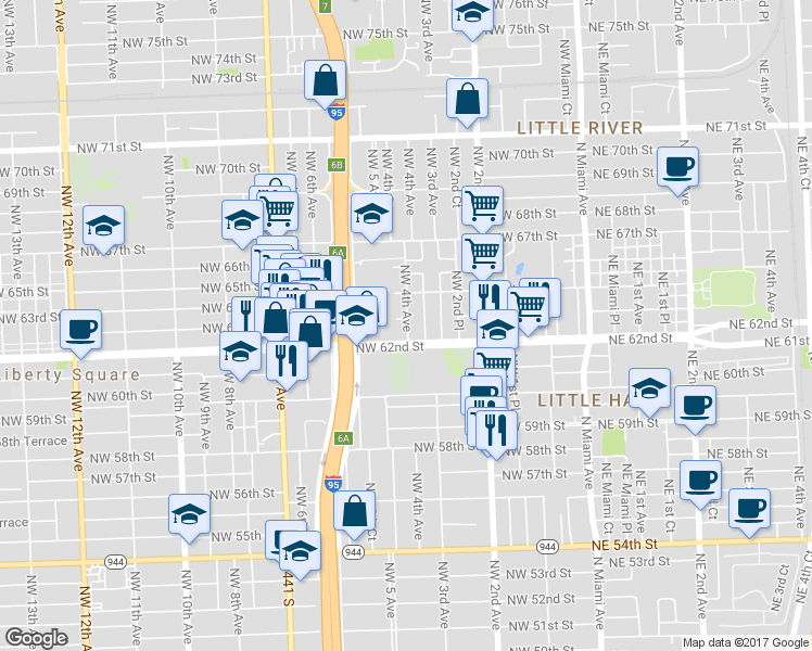 map of restaurants, bars, coffee shops, grocery stores, and more near 6217 Northwest 4th Avenue in Miami