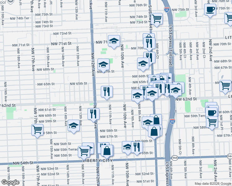 map of restaurants, bars, coffee shops, grocery stores, and more near 1067 Northwest 63rd Street in Miami
