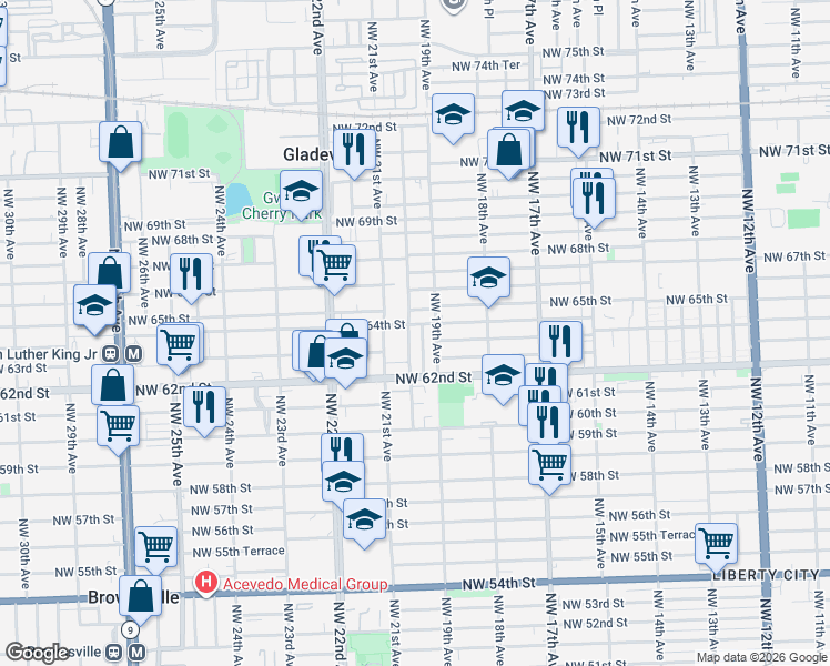 map of restaurants, bars, coffee shops, grocery stores, and more near 20 Northwest 21st Avenue in Miami