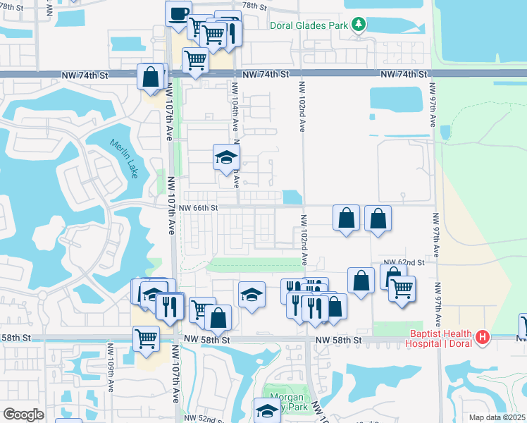 map of restaurants, bars, coffee shops, grocery stores, and more near 10270 Northwest 66th Street in Doral