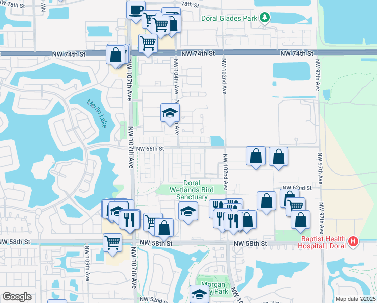 map of restaurants, bars, coffee shops, grocery stores, and more near 10342 Northwest 66th Street in Doral