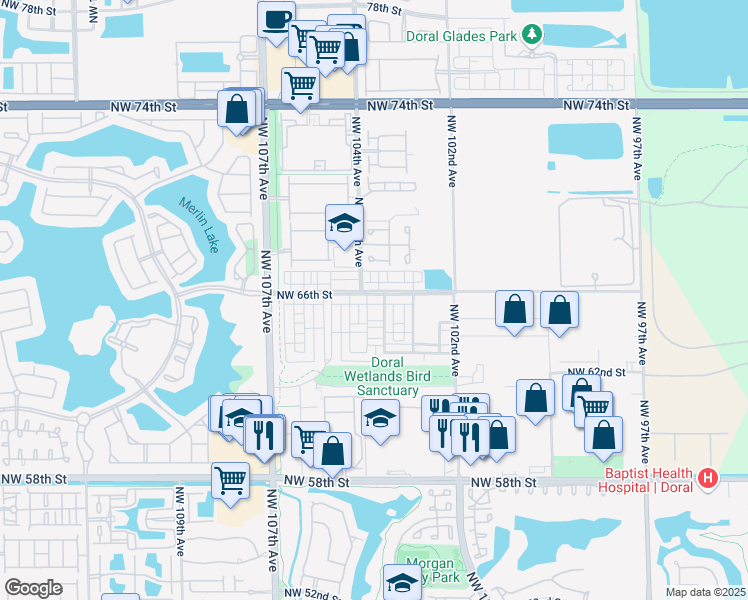 map of restaurants, bars, coffee shops, grocery stores, and more near 10342 Northwest 66th Street in Doral